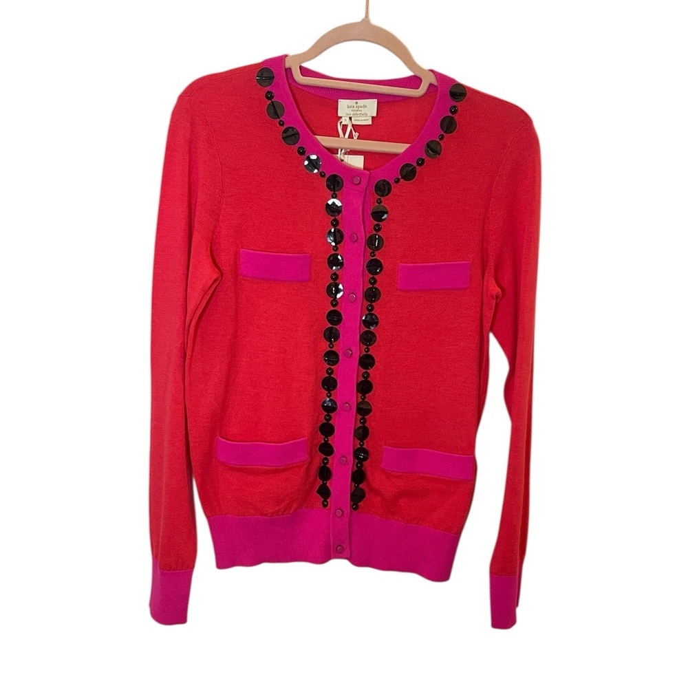 Kate Spade NWT pink cardigan black sequin embellishment maximalist sm
